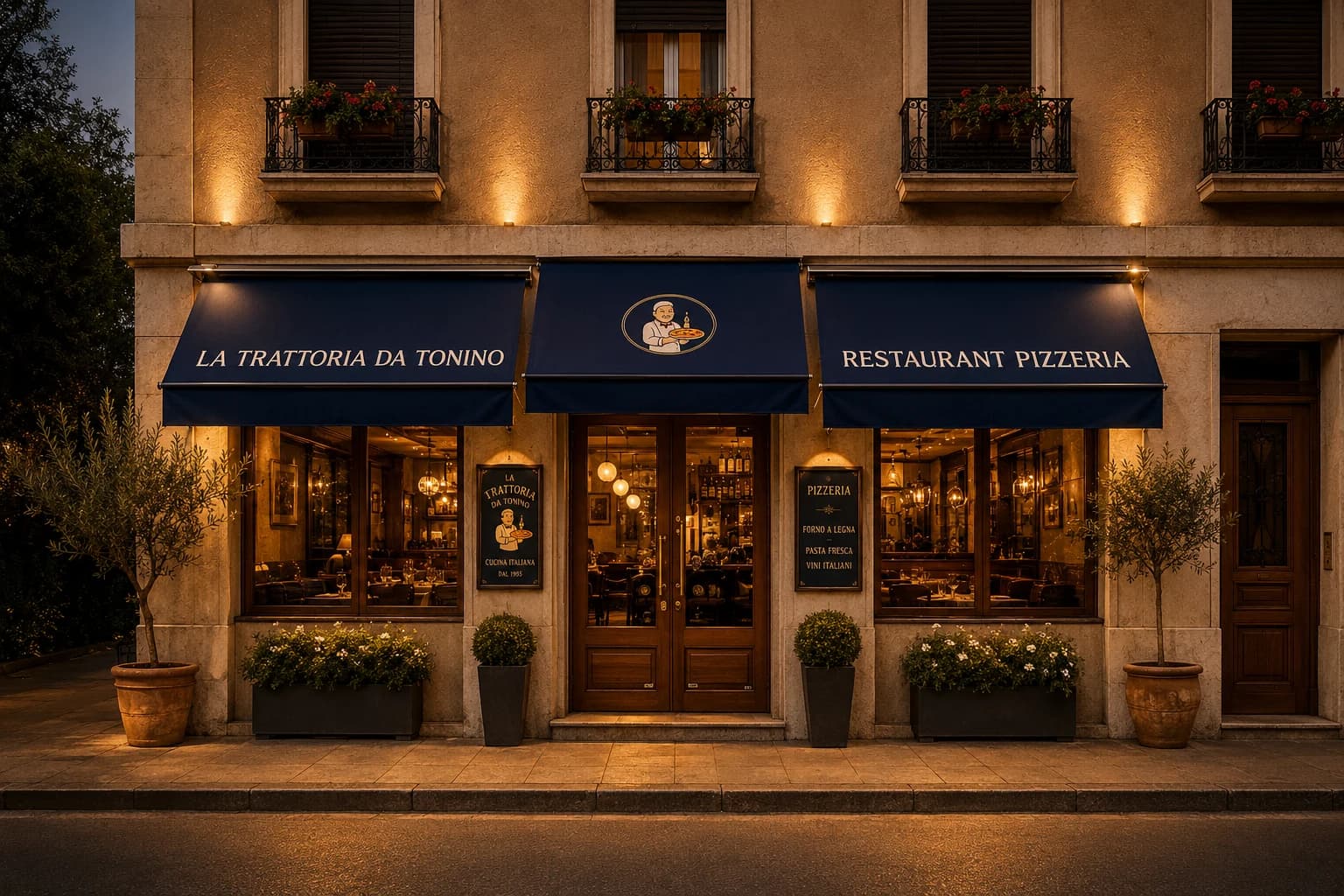 Entrance of La Trattoria da Tonino in Geneva, illuminated in the evening.
