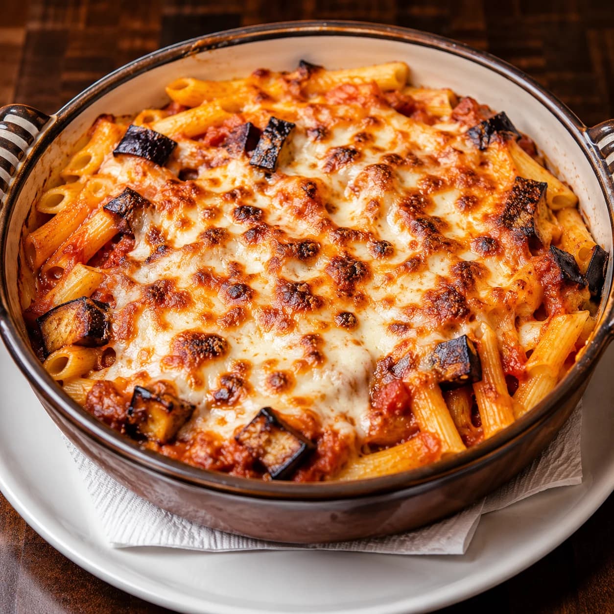 Wood-fired Penne alla Siciliana with aubergine, tomato sauce and melted mozzarella.